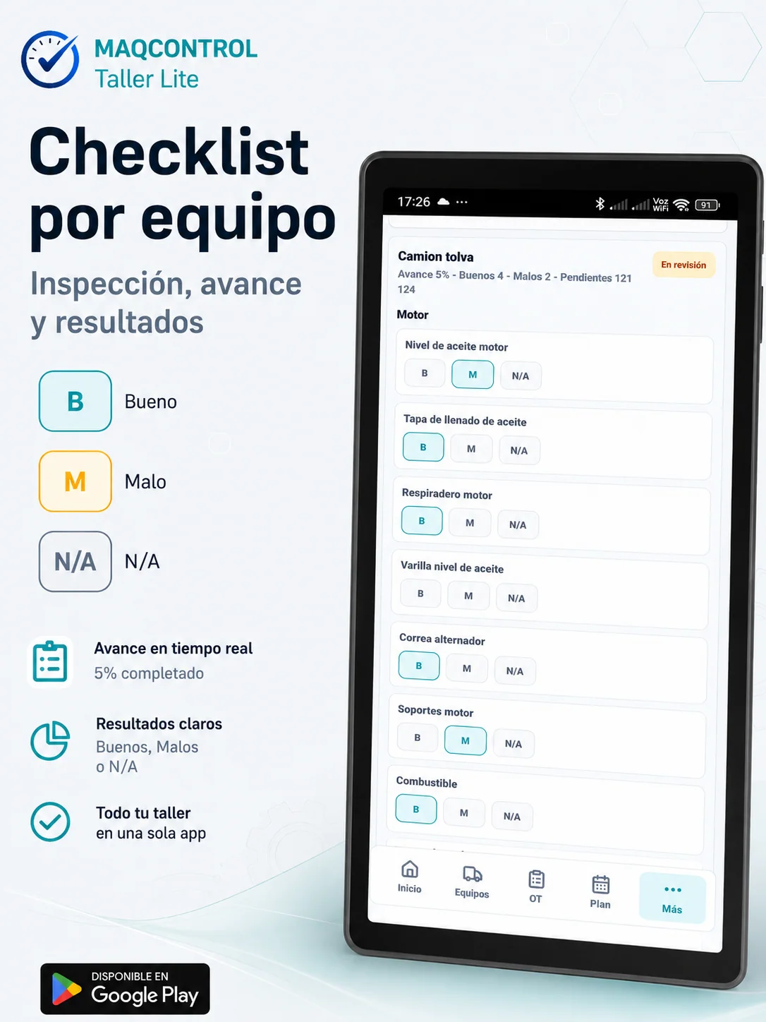 Pantalla real de checklist por equipo con avance y resultados en Taller Lite