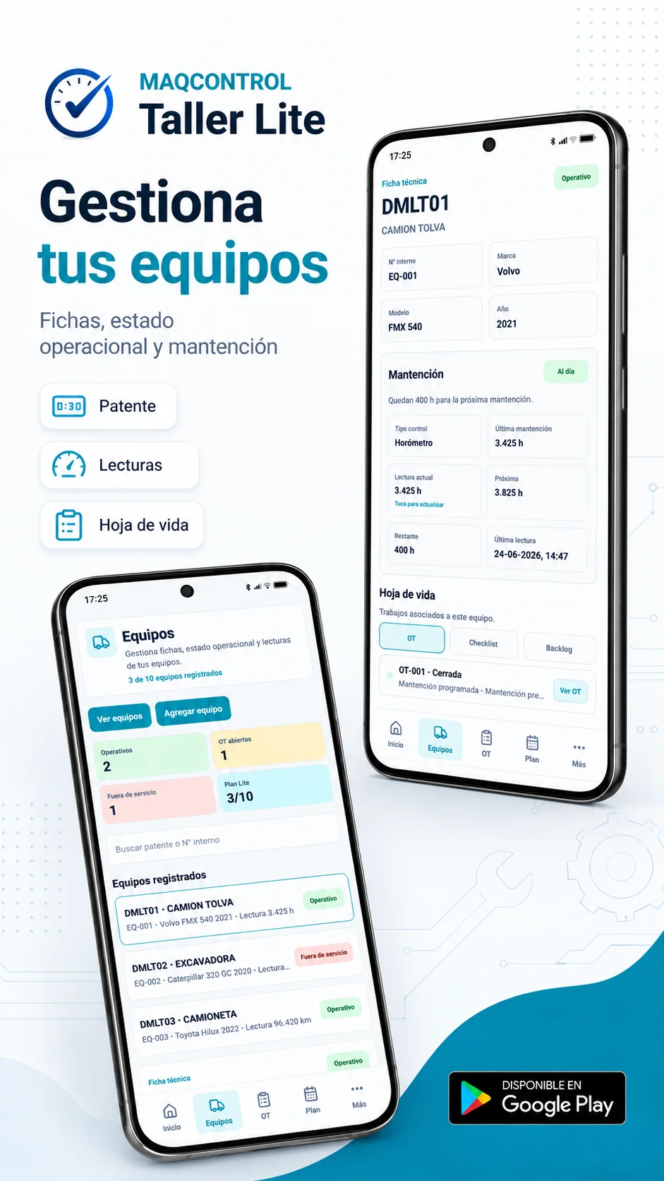 Pantallas reales de equipos, ficha técnica, lecturas y mantención en Taller Lite